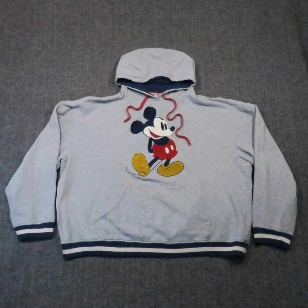 Walt Disney Original Mickey Mouse Hoodie XL Gray Embroidered Fleece Theme Park